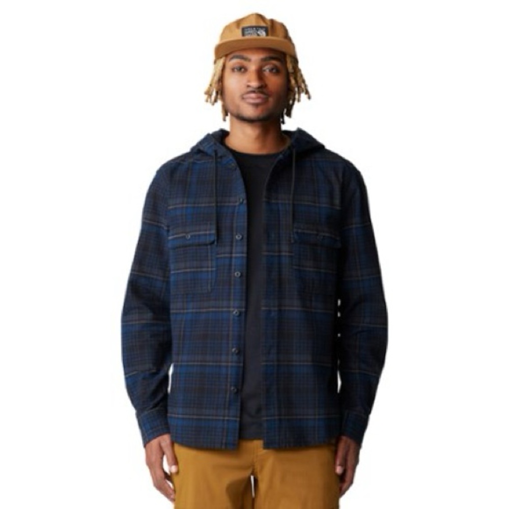 NWT Mountain Hardwear Dusk Creek Long Sleeve Bowline Hooded Plaid Dark Storm new